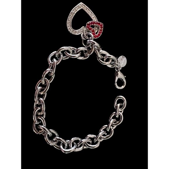 Vintage Vietnam Silver Chain Bracelet with Red & Silver Heart Dangles 7 in - Picture 1 of 5